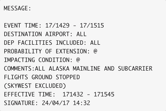 FAA notification of a ground stop for Alaska Airlines. FAA